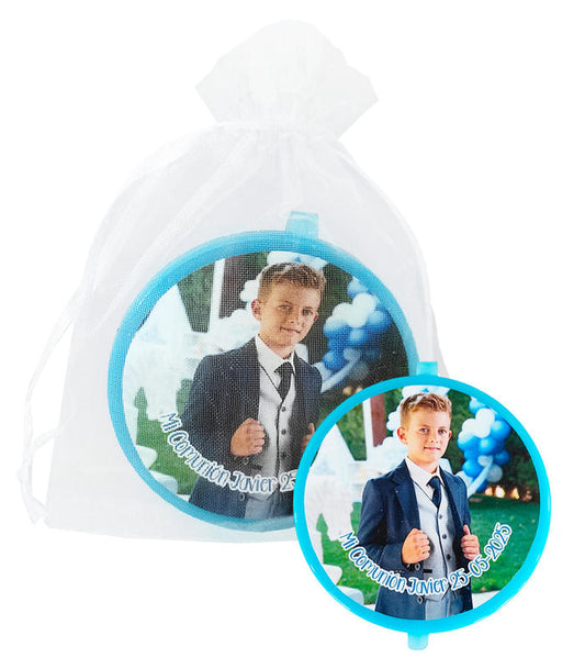 ESPEJO AZUL PERSONALIZADO CON FOTO EN ORGANZA
